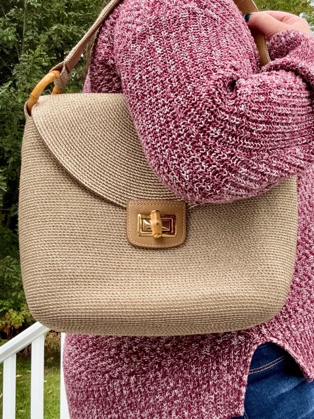 Eric Javits Woven Shoulder Bag with Gold Turn-Lock in Taupe
